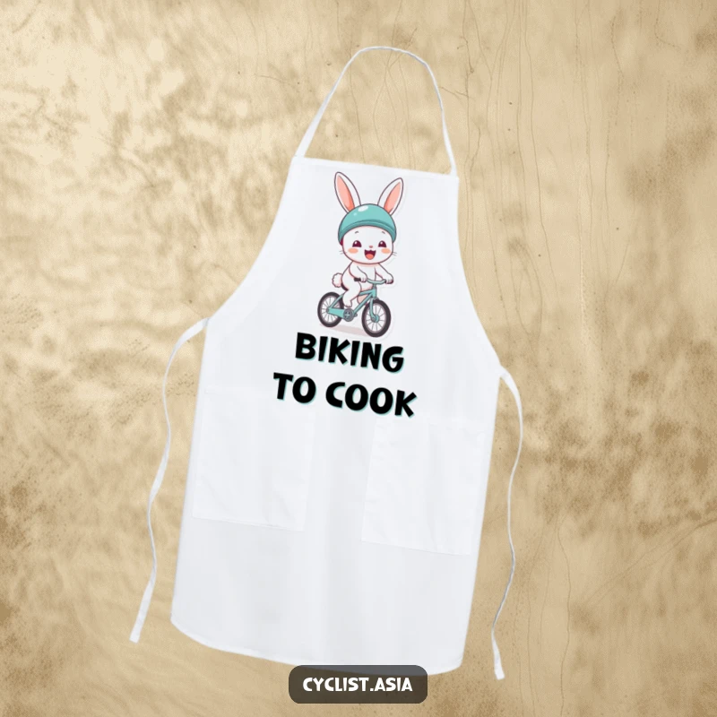 Funny apron showing a cheerful bunny wearing a helmet, gleefully riding a tiny bicycle. Practical kitchen wear with pure joy.