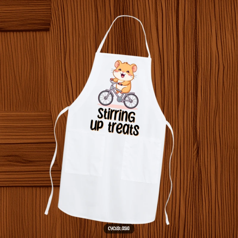 Funny hamster apron, happy creature pedaling a tiny bicycle, chef gear that's humorous and practical, ideal gift.