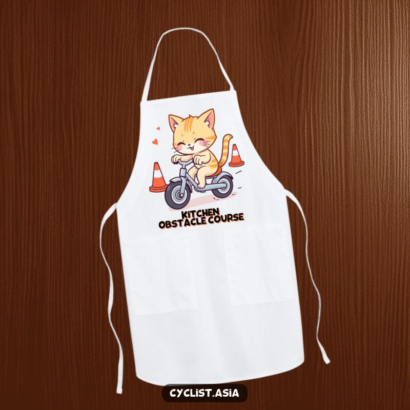 Funny cat apron depicting a mischievous cat navigating traffic cones on a tricycle, ideal for a humorous and practical kitchen accessory.