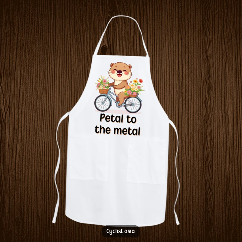 Funny otter apron depicting an otter riding a bike overflowing with flowers, ideal for a cheerful and practical kitchen accessory.