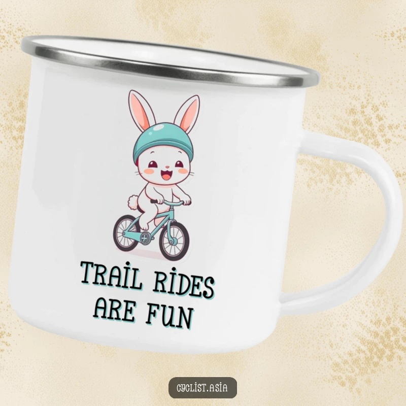 Funny camping mug featuring a cheerful bunny wearing a helmet, gleefully riding a tiny bicycle. Durable and humorous outdoor drinkware.
