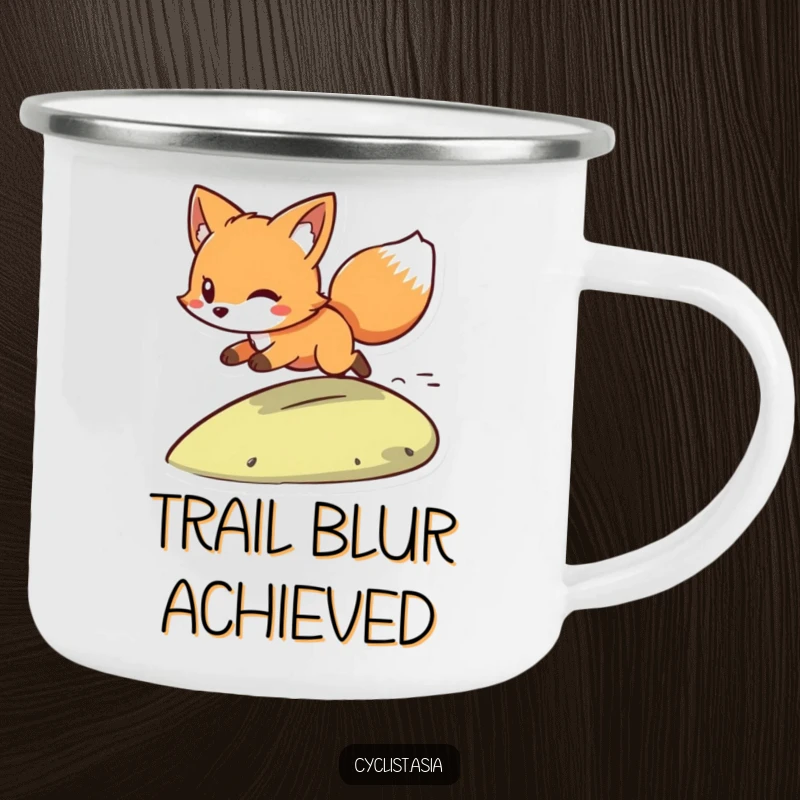 Funny camping mug featuring a playful fox with wind in its tail, zooming downhill. Durable and humorous outdoor drinkware.