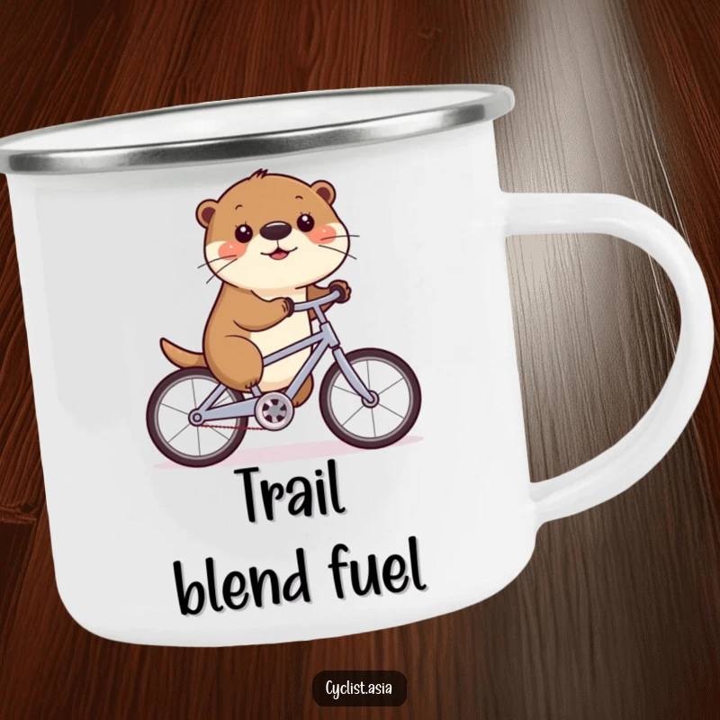 Funny camping mug featuring a playful otter wiggling its nose while cycling, perfect for outdoor enthusiasts and coffee lovers.