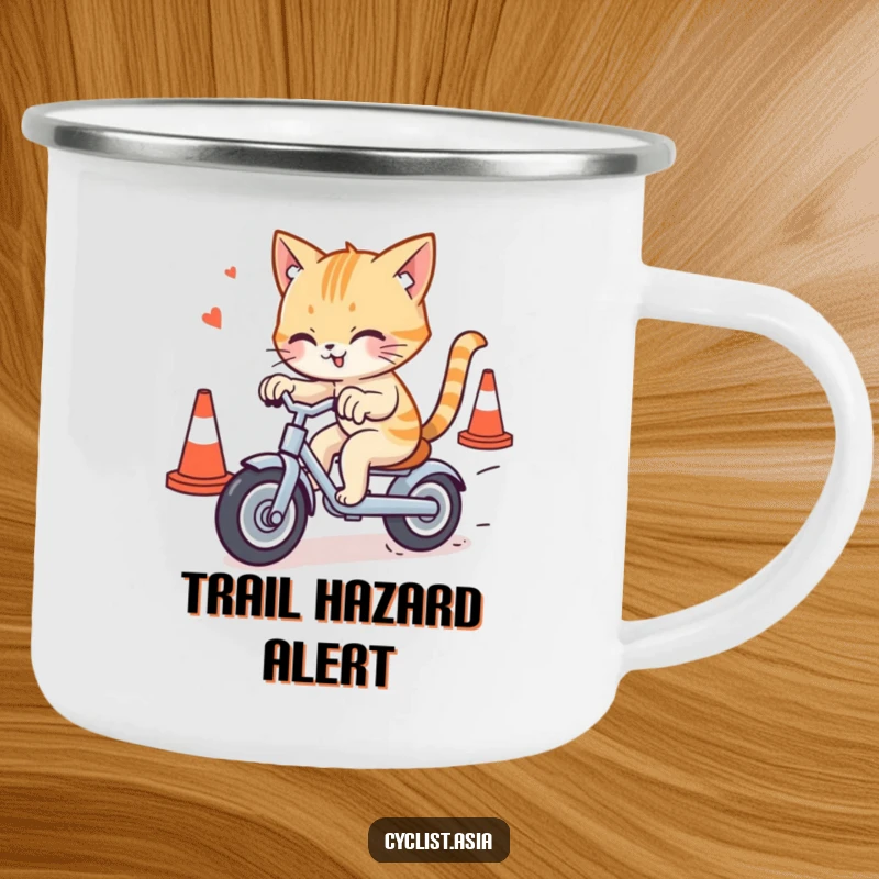 Funny cat camping mug showing a cat weaving through traffic cones on a tricycle, designed for durability and feline-themed humor.