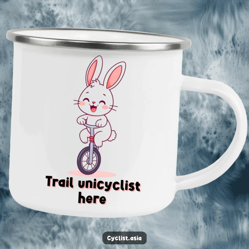 Funny bunny camping mug, enamel cup with a cheerful bunny balancing on a unicycle, outdoorsy and humorous gift.
