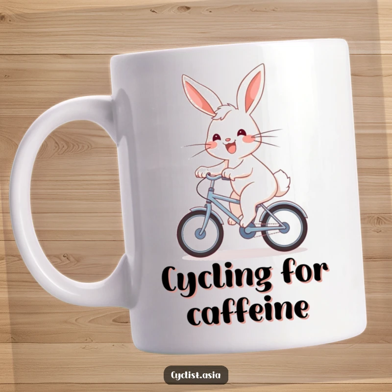 Funny Mug: An energetic bunny with a joyful grin pedals a small bicycle, wind in its fur.