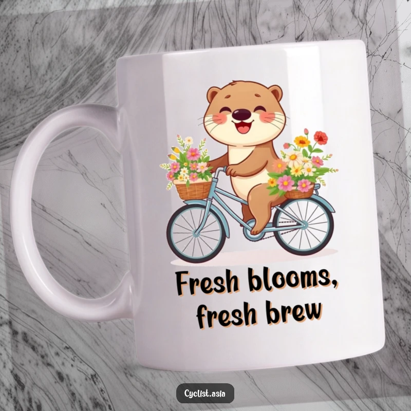 Funny otter mug depicting a cheerful otter joyfully riding a bicycle laden with a basket full of colorful flowers.