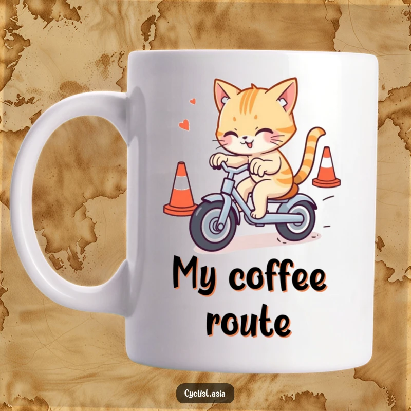 Funny cat mug showing a mischievous cat playfully weaving through traffic cones on a tiny tricycle, capturing feline's playful spirit.