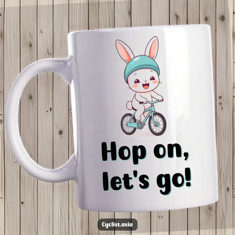 Funny mug: a cheerful bunny wearing a helmet, gleefully riding a tiny bicycle with a big smile. Adorable and humorous.