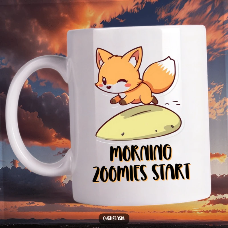 Funny mug: a playful fox with wind in its tail, joyfully zooming down a small hill with a mischievous grin. Energetic and humorous.