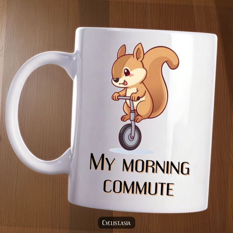 Funny squirrel mug featuring a determined squirrel comically balancing on a unicycle with a gentle wobble, bringing laughter to your desk.