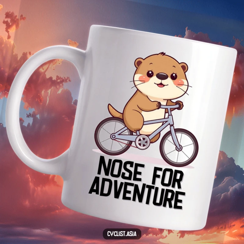 Funny mug featuring a playful otter wiggling its nose while joyfully cycling on a bike, perfect for bike enthusiasts.