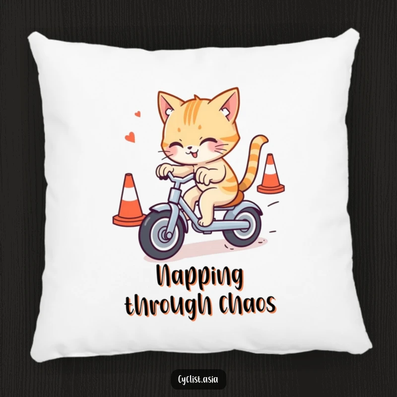 Funny cat pillow showing a mischievous cat weaving through traffic cones on a tricycle, offering plush comfort and feline-themed humor.