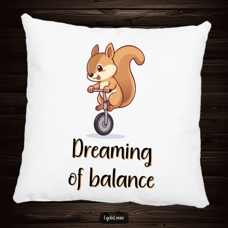 Funny squirrel pillow showcasing a comical squirrel wobbling on a unicycle, offering plush comfort and a good laugh for your sofa.