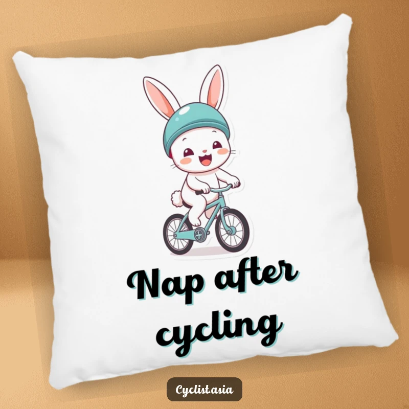 Funny pillow with a cheerful bunny wearing a helmet, gleefully riding a tiny bicycle. Soft and decorative home accent.