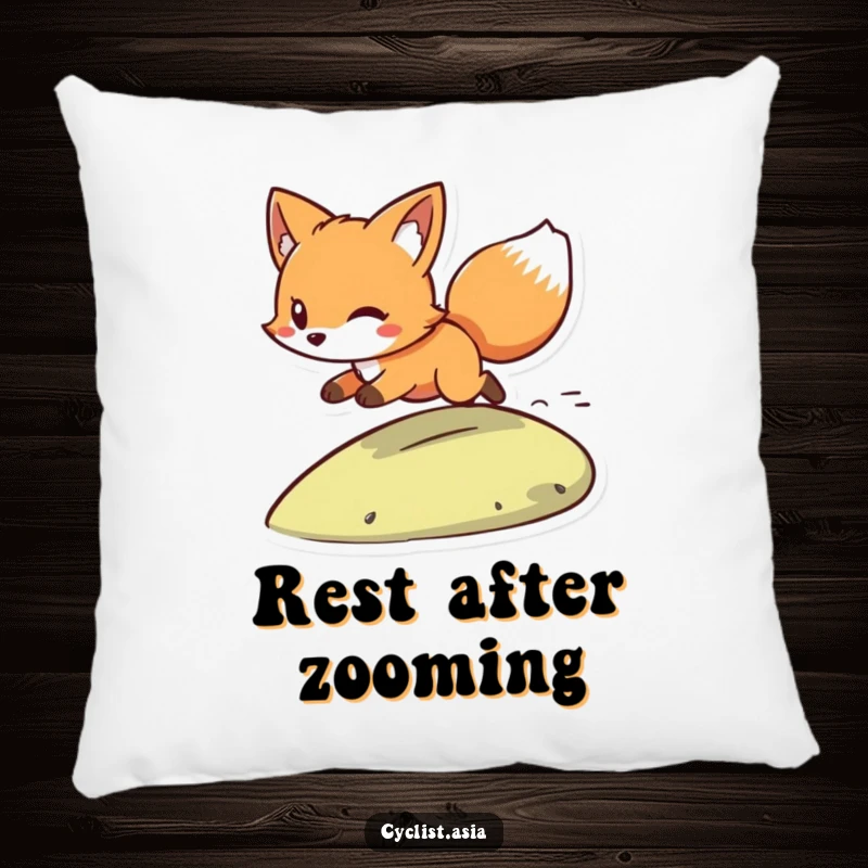 Funny pillow with a playful fox character, wind in its tail, zooming downhill. Soft and decorative home accent.