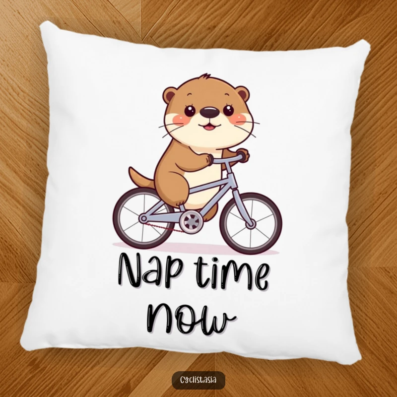 Funny pillow featuring a playful otter wiggling its nose as it cycles, offering comfort and a humorous decorative touch.