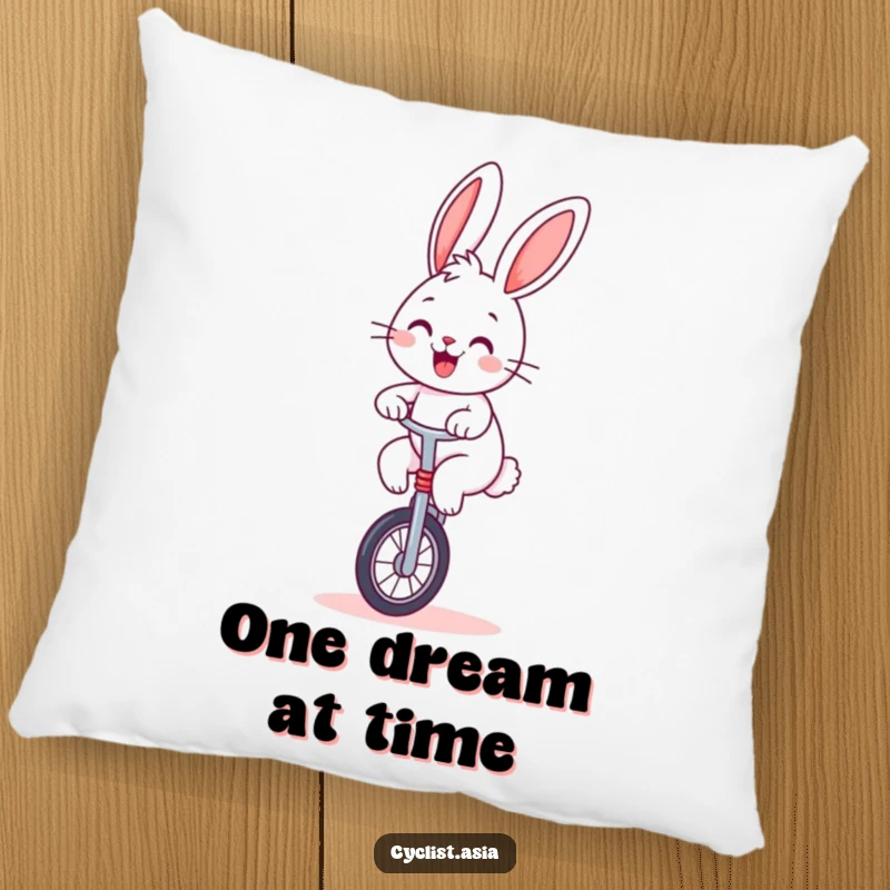 Funny bunny pillow, soft cushion with a cheerful bunny balancing on a unicycle, adding humor and comfort.