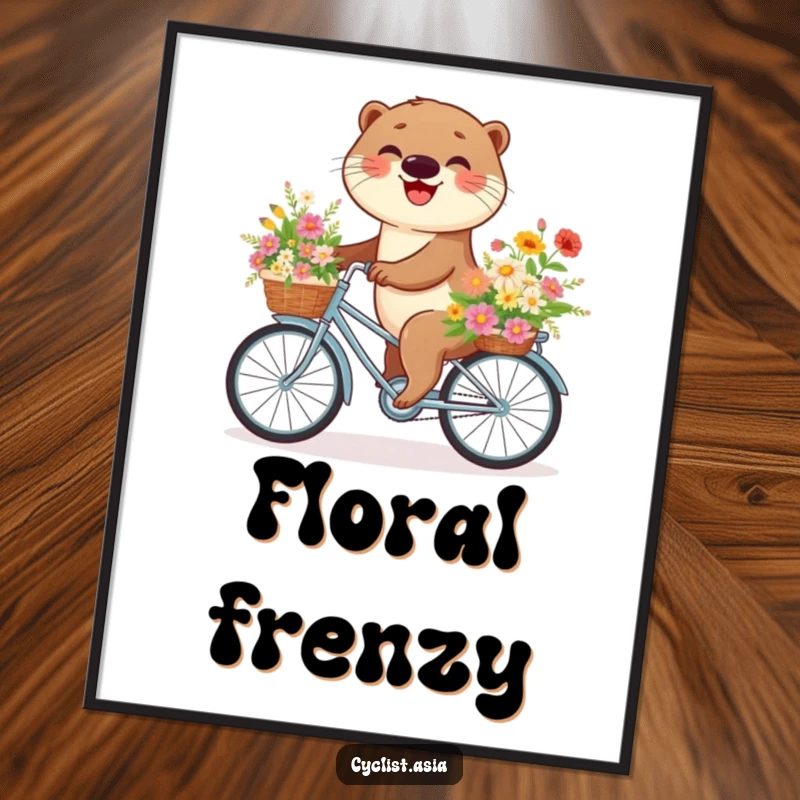 Funny otter digital art print of an otter joyfully riding a bike laden with flowers, ready to be printed for charming decor.