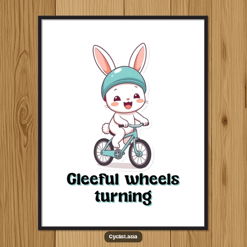 Funny digital art print of a cheerful bunny character wearing a helmet, gleefully riding a small bicycle. Instant download for cheerful decor.