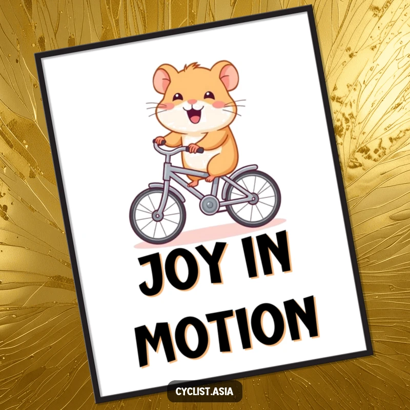 Funny hamster digital art print, happy creature pedaling a tiny bicycle, instant download, humorous decor, unique gift.