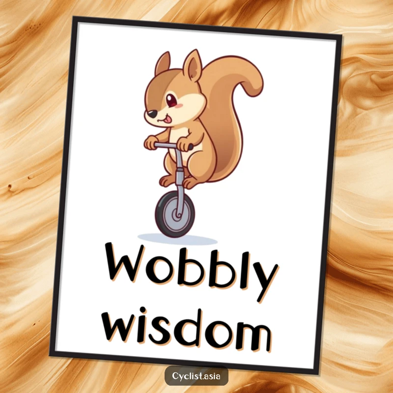 Funny squirrel digital art print of a squirrel wobbling on a unicycle, ready to be printed and add humorous decor to any room.