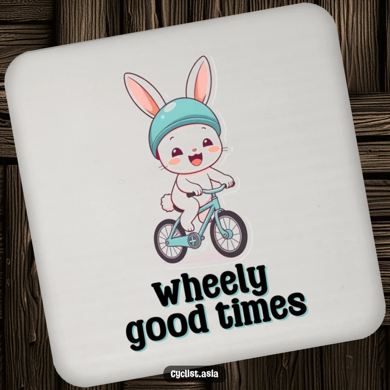 Funny drink coaster with a cheerful bunny wearing a helmet, gleefully riding a tiny bicycle. Protects surfaces with happiness.