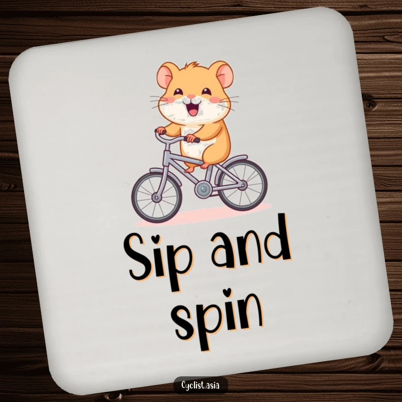 Funny hamster coaster, protects surfaces, happy hamster riding a tiny bicycle, cute and humorous drink accessory.