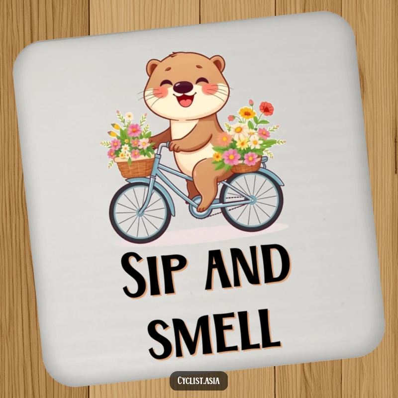 Funny otter drink coasters depicting an otter on a bike with a flower basket, protecting surfaces with charm and humor.
