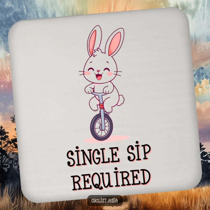 Funny bunny coaster, protects surfaces, cheerful rabbit balancing on a unicycle, cute and humorous drink accessory.