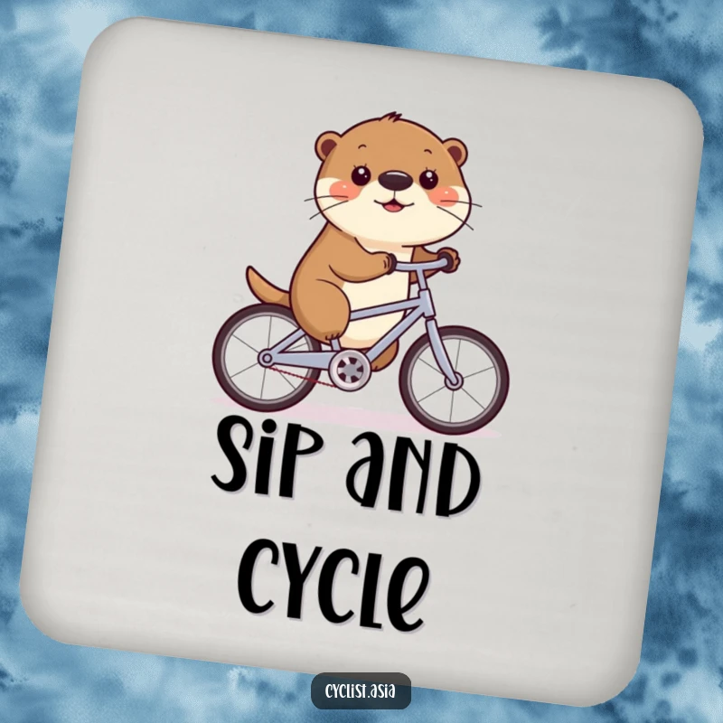 Funny coasters showcasing a cute otter wiggling its nose while cycling, adding a humorous and protective element to furniture.