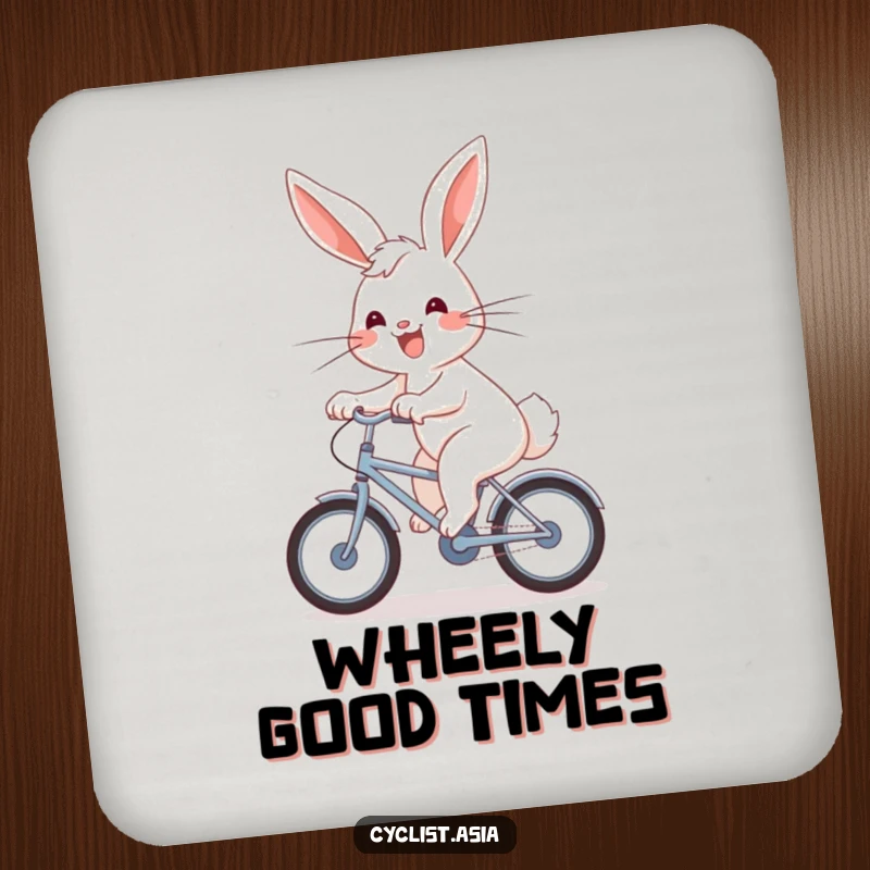 Funny Drink Coaster: An energetic bunny with a joyful grin pedals a bicycle, adding charm.