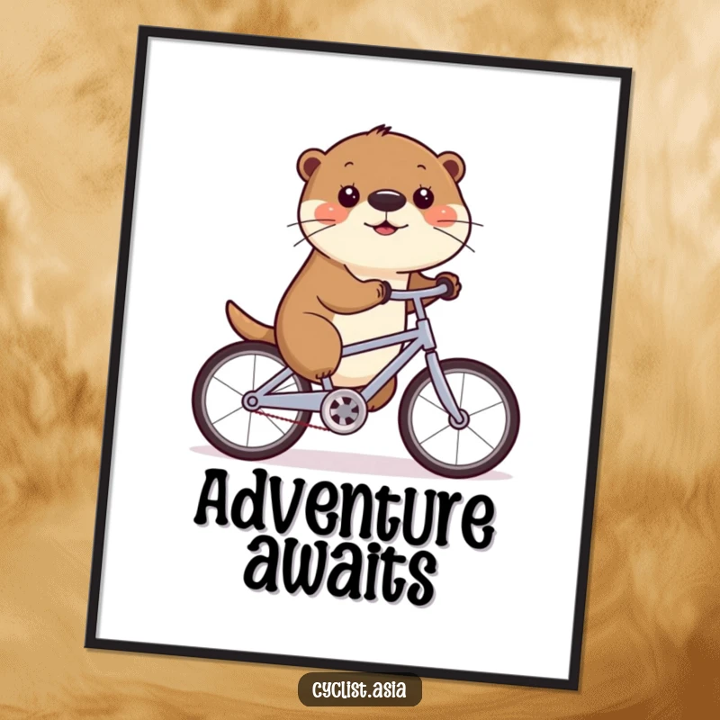 Funny poster print of a cute otter wiggling its nose while enthusiastically riding a bicycle, bringing joy to any room.