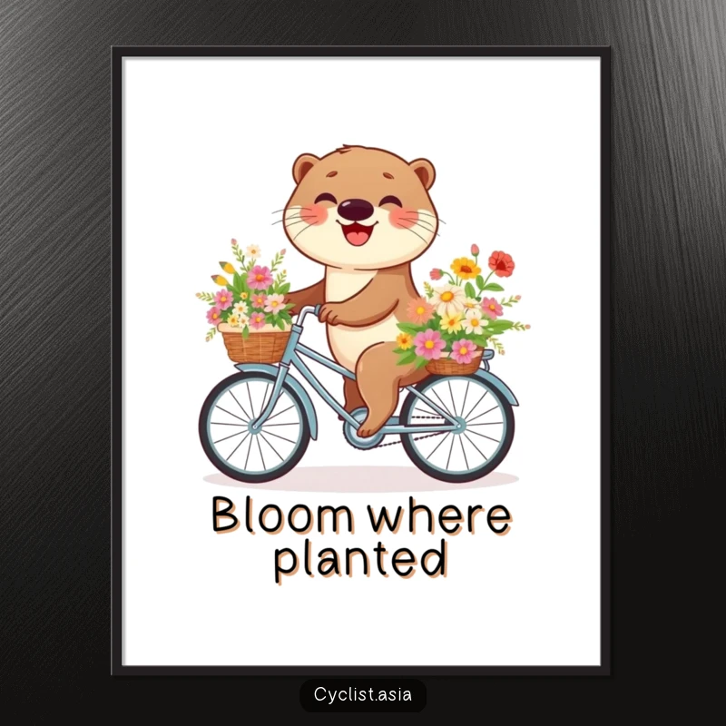 Funny otter poster featuring an otter happily riding a bike overflowing with a bouquet of colorful flowers, adding whimsy to decor.