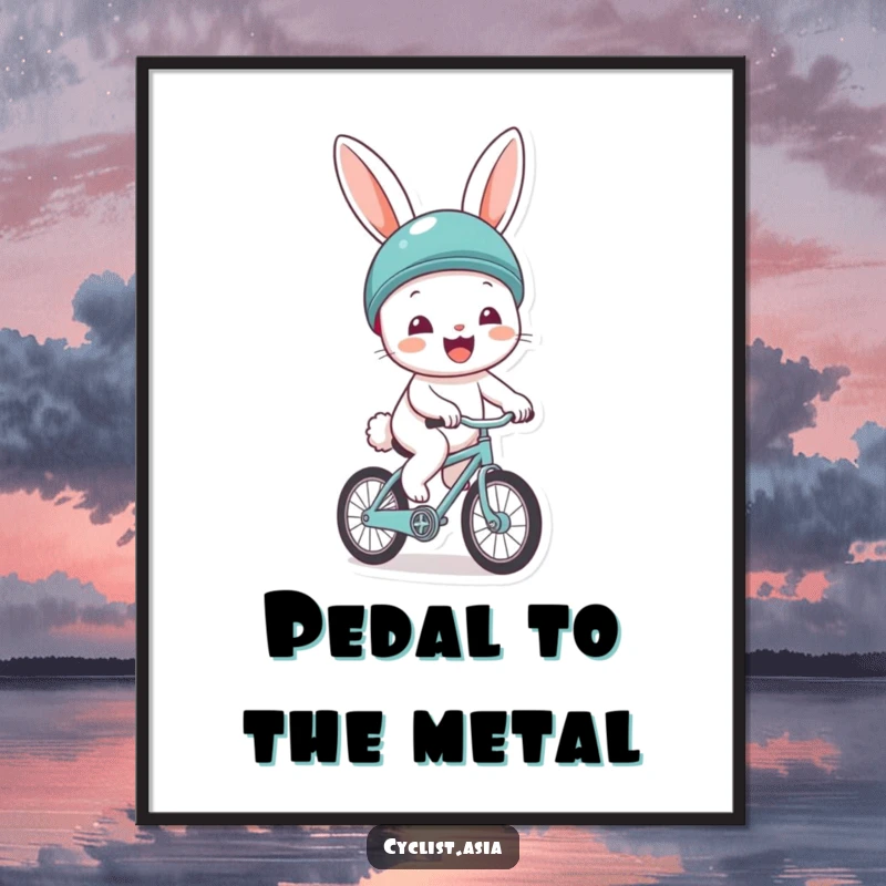 Funny poster print of a cheerful bunny character wearing a helmet, gleefully riding a small bicycle. Uplifting wall decor.