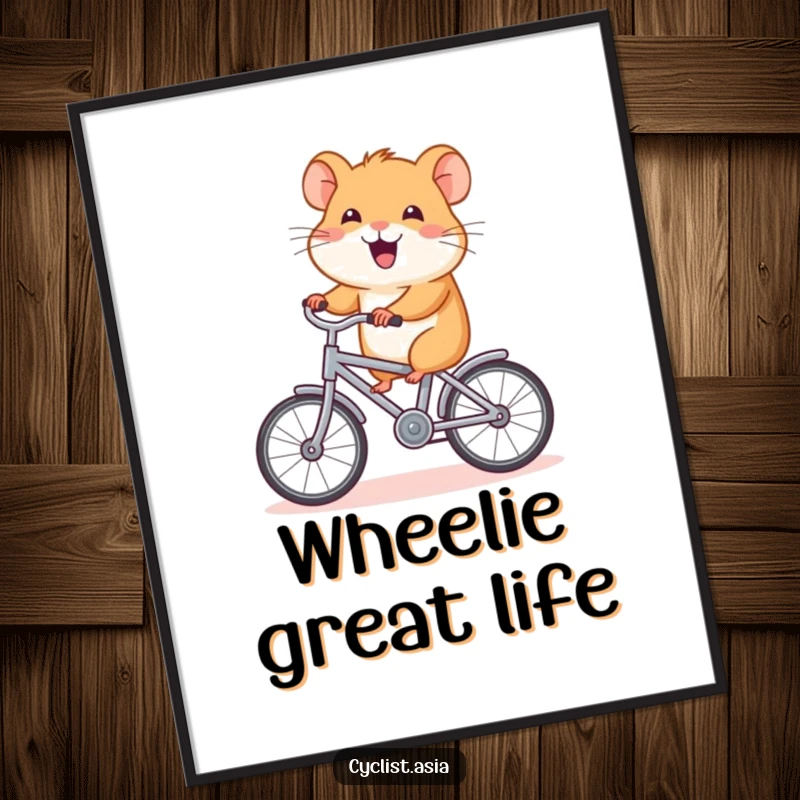 Funny hamster poster, happy rodent pedaling a tiny bicycle, humorous wall art, unique funny gift.