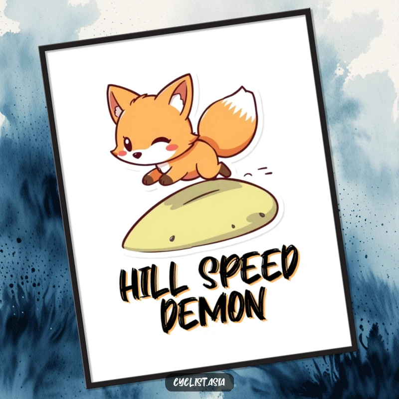 Funny poster print of a playful fox character with wind in its tail, zooming downhill. Energetic wall decor.