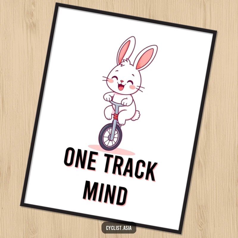 Funny bunny poster, cheerful rabbit balancing on a unicycle, humorous wall art, unique funny gift.