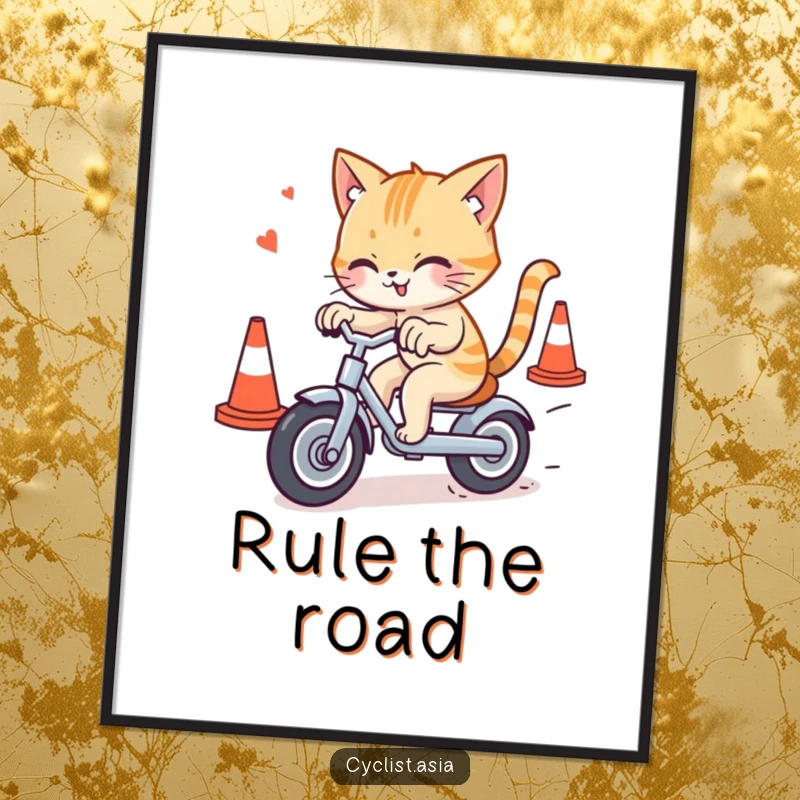 Funny cat poster depicting a mischievous cat weaving through traffic cones on a small tricycle, adding quirky humor to wall decor.
