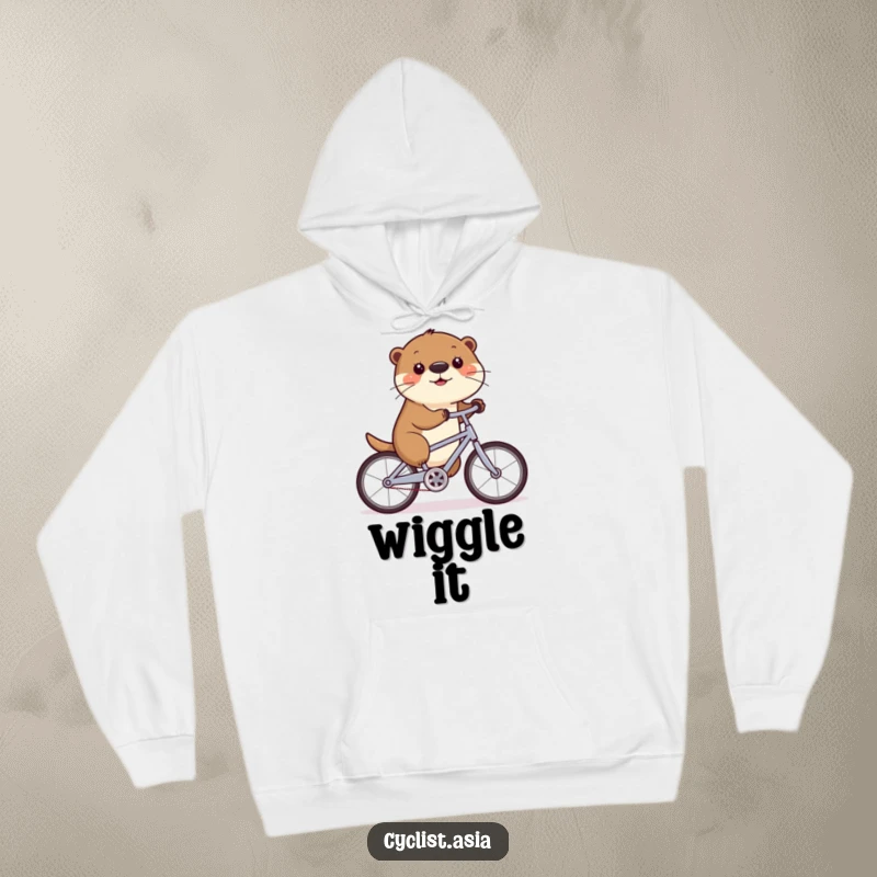 Funny hoodie featuring a happy otter riding a bicycle, nose wiggling, creating a humorous and cozy wearable art piece.