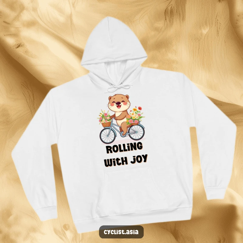 Funny otter hoodie showing a happy otter on a bike piled high with flowers, providing warmth and a touch of whimsy.