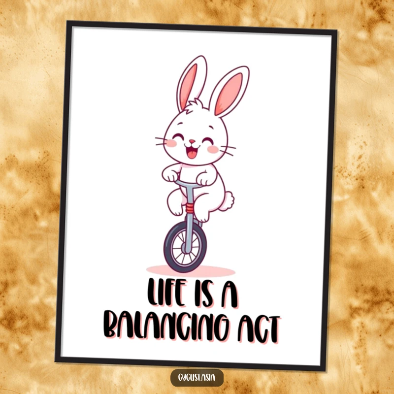 Funny Free Printable Wall Art: A cheerful bunny with a big smile expertly balances on a unicycle, creating a whimsical scene.