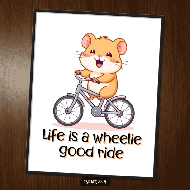 Funny Free Printable Wall Art: A happy hamster joyfully rides a small bicycle, radiating pure happiness and positive energy.