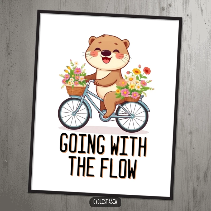 Funny Free Printable Wall Art: An adorable otter happily riding a bicycle loaded with a basket of cheerful flowers.