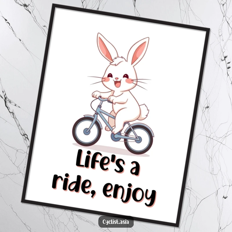 Funny Free Printable Wall Art: An energetic bunny pedals a bicycle with a joyful grin, wind blowing through its fur.