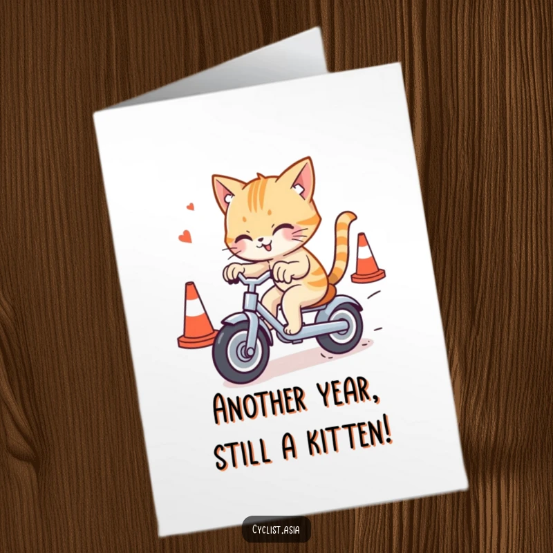 Funny Free Printable Birthday Card: Mischievous cat expertly weaving a tricycle through a field of traffic cones.