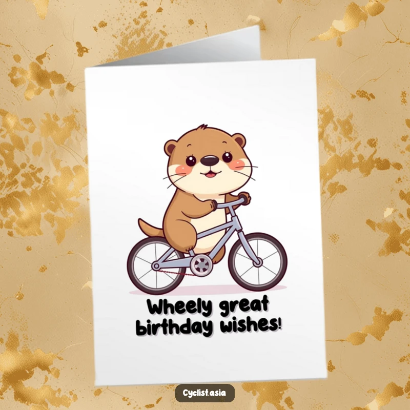 Funny Free Printable Birthday Card: Playful otter wiggling nose while riding a bicycle, spreading cheer.