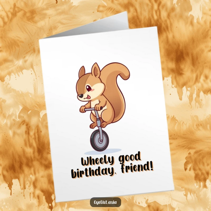 Funny Free Printable Birthday Card: Squirrel on unicycle wobbling with concentration, ready to deliver laughs.