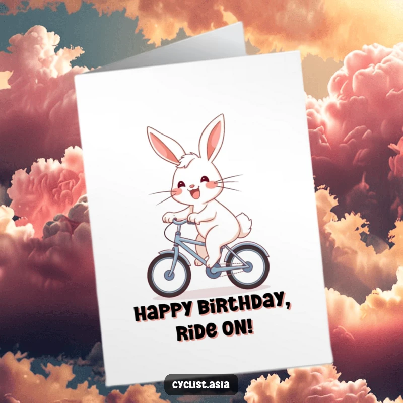 Funny Free Printable Birthday Card: Energetic bunny pedals a bike with a joyful grin, wind in its fur.