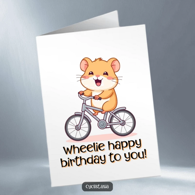Funny Free Printable Birthday Card: A happy hamster joyfully pedals a tiny bicycle, spreading birthday cheer with every turn.